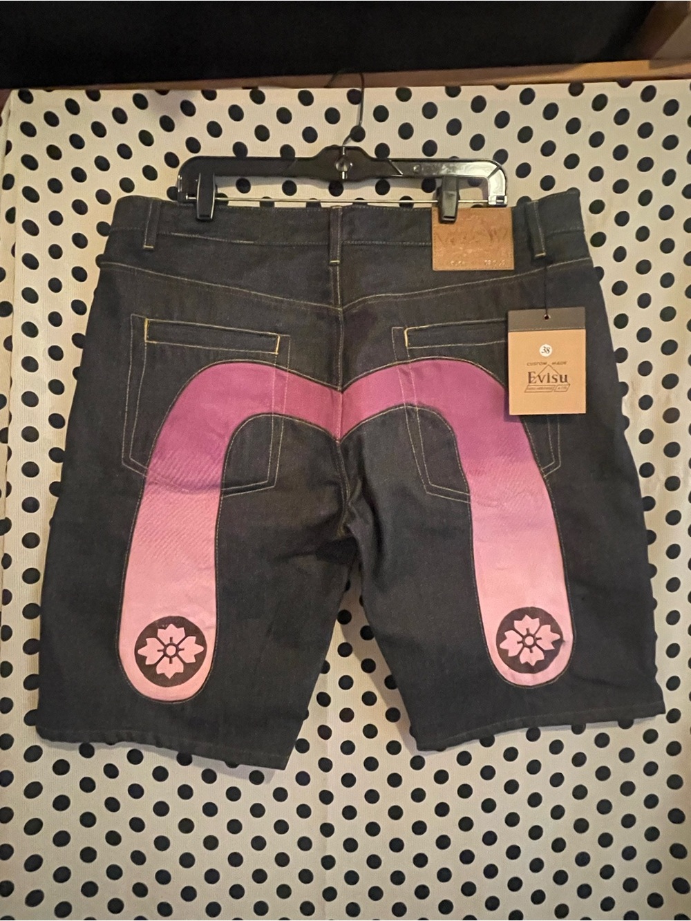 Evisu Black Denim Shorts with Purple Graphic